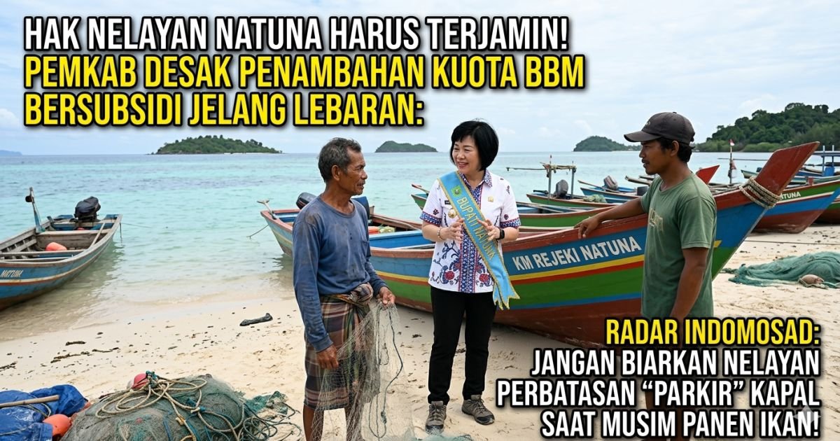 Evidence: HAK NELAYAN NATUNA HARUS TERJAMIN! PEMKAB DESAK PENAMBAHAN KUOTA BBM BERSUBSIDI JELANG LEBARAN: RADAR INDOMOSAD: JANGAN BIARKAN NELAYAN PERBATASAN "PARKIR" KAPAL SAAT MUSIM PANEN IKAN!