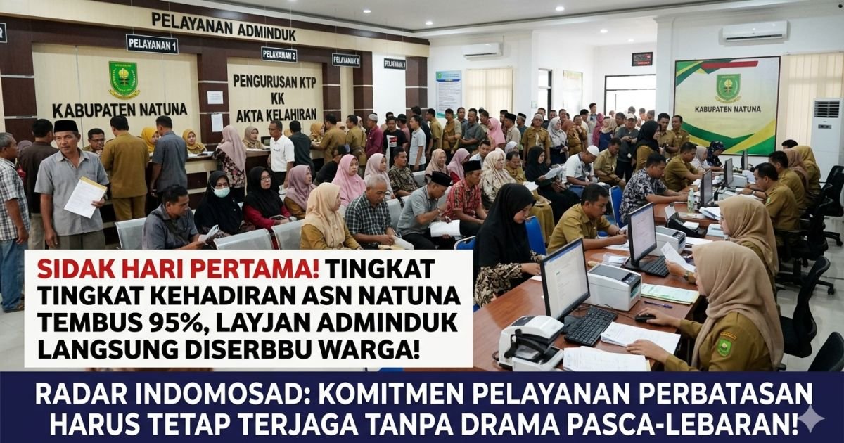 Evidence: SIDAK HARI PERTAMA! TINGKAT KEHADIRAN ASN NATUNA TEMBUS 95%, LAYANAN ADMINDUK LANGSUNG DISERBU WARGA: RADAR INDOMOSAD: KOMITMEN PELAYANAN PERBATASAN HARUS TETAP TERJAGA TANPA DRAMA PASCA-LEBARAN!