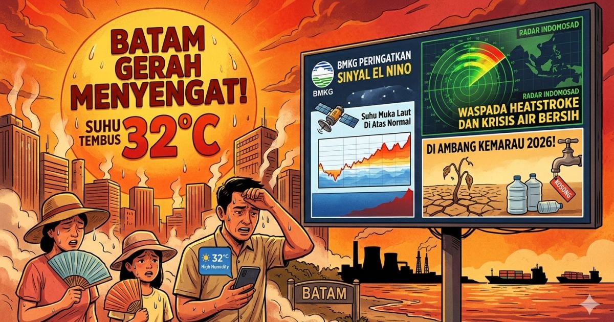 Evidence: BATAM GERAH MENYENGAT! SUHU TEMBUS 32°C DENGAN KELEMBAPAN TINGGI, BMKG PERINGATKAN SINYAL EL NINO: RADAR INDOMOSAD: WASPADA HEATSTROKE DAN KRISIS AIR BERSIH DI AMBANG KEMARAU 2026!