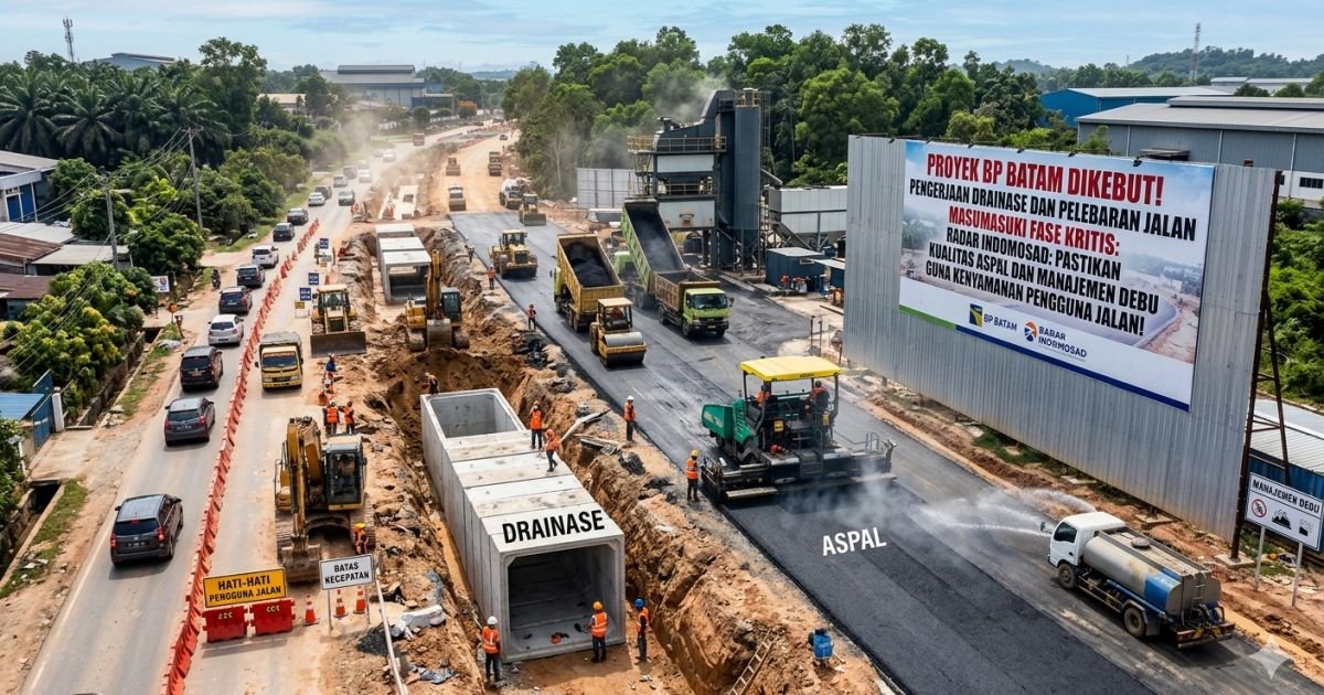 Evidence: INFRASTRUKTUR JALAN PROYEK BP BATAM DIKEBUT! PENGERJAAN DRAINASE DAN PELEBARAN JALAN MASUKI FASE KRITIS: RADAR INDOMOSAD: PASTIKAN KUALITAS ASPAL DAN MANAJEMEN DEBU GUNA KENYAMANAN PENGGUNA JALAN!