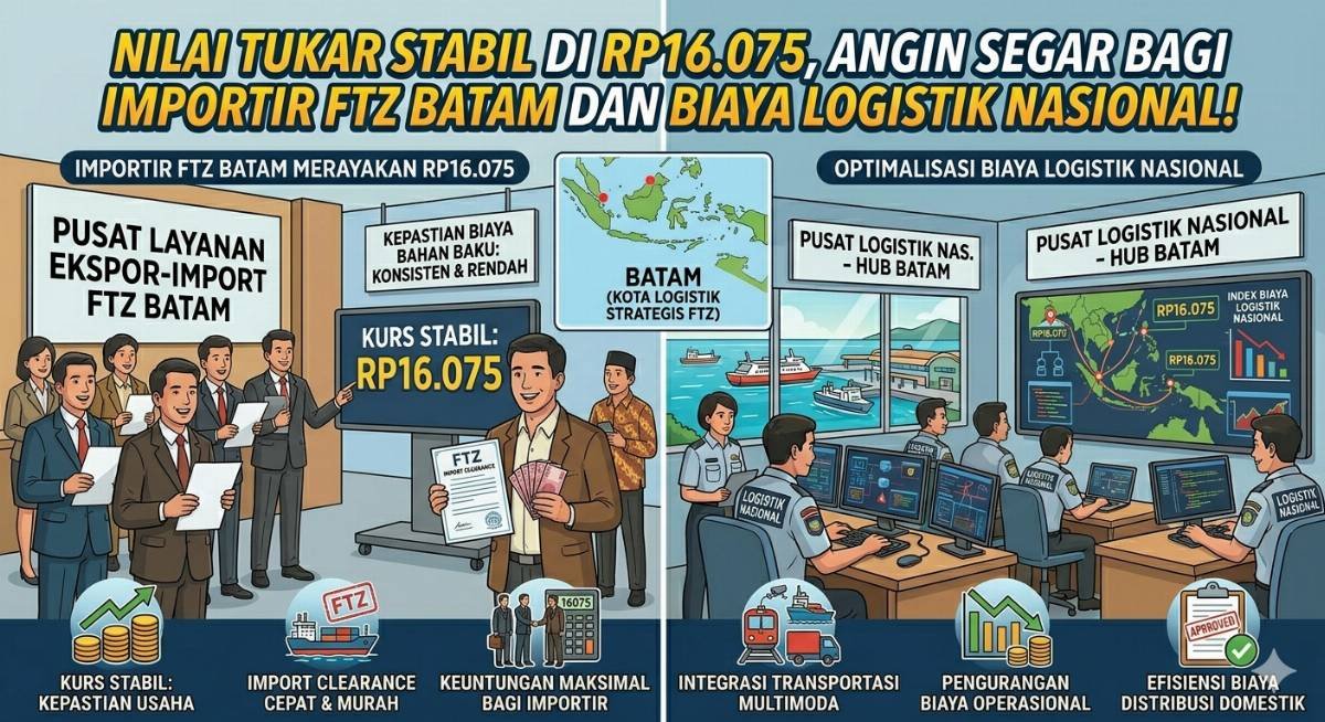 Evidence: NILAI TUKAR STABIL DI RP16.075, ANGIN SEGAR BAGI IMPORTIR FTZ BATAM DAN BIAYA LOGISTIK NASIONAL!
