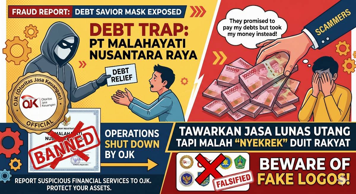 Evidence: KEDOK PT MALAHAYATI NUSANTARA RAYA DIBREDEL OJK: TAWARKAN JASA LUNAS UTANG TAPI MALAH "NYEKREK" DUIT RAKYAT—WASPADA LOGO PALSU!